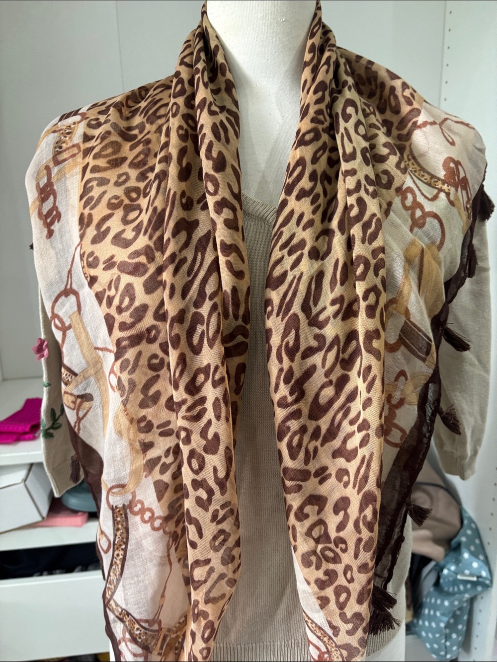 Leopard Print Lightweight Wrap Scarf - Brown